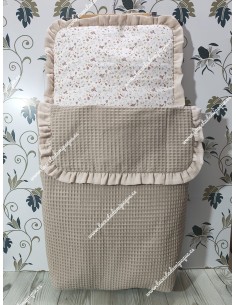 Saco Capazo Desmontable con tejidos: Waffle Camel, Flores y Hojas Rosa y Bambula Lino