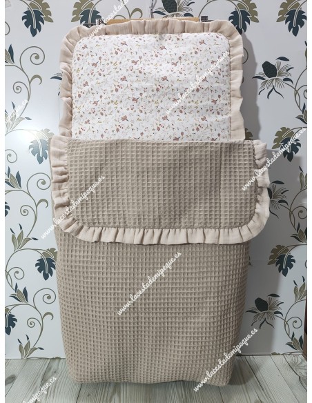 Saco Capazo Desmontable con tejidos: Waffle Camel, Flores y Hojas Rosa y Bambula Lino