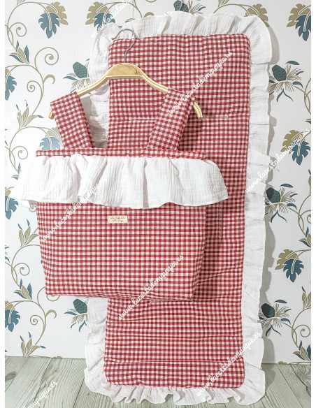 Bolso pocket volante y Funda Universal Vichy Rojo Pequeño combinada con Bambula blanca