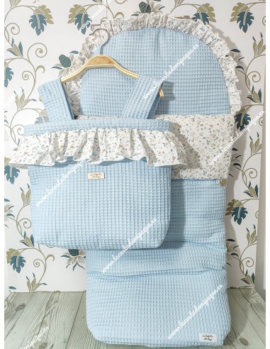 Pack Bolso pocket volante cremallera y Saco silla ligera  Waffle Azul Combi flores camel