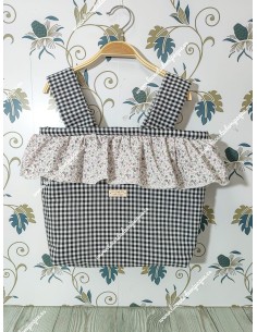 Bolso Pocket Vichy Negro cuadro Pequeño Volante flores morado y gris