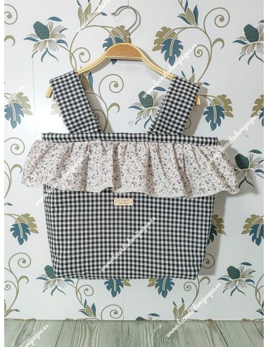 Bolso Pocket Vichy Negro cuadro Pequeño Volante flores morado y gris