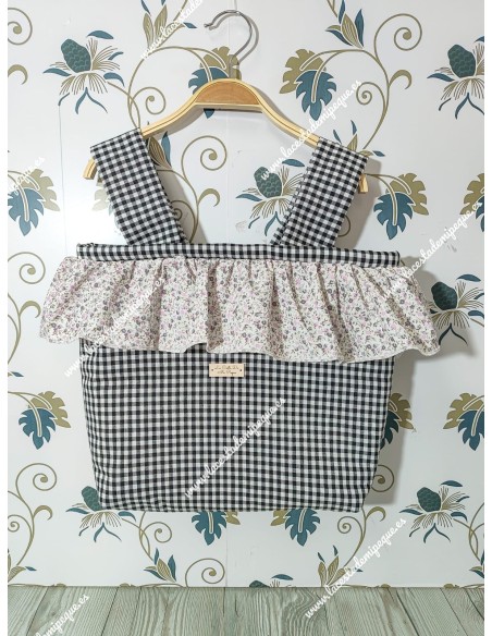 Bolso Pocket Vichy Negro cuadro Pequeño Volante flores morado y gris