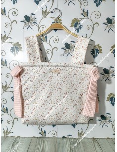 Bolso Pocket Cremallera Flores y hojas rosa con lazos laterales de waffle rosa