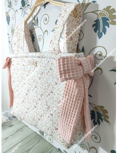 Bolso Pocket Cremallera Flores y hojas rosa con lazos laterales de waffle rosa 2