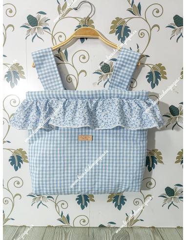 Bolso Pocket cremallera Vichy celeste cuadro pequeño y volante con flores Liberty en tonos azules