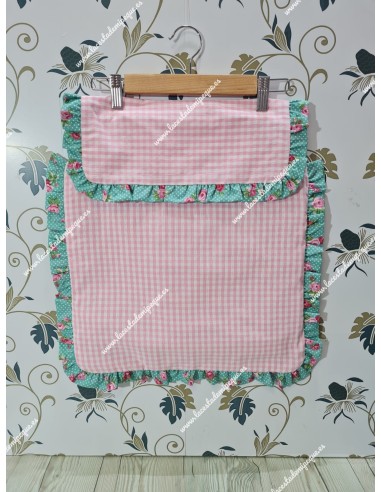 Pack Bolso Pocket, Colcha Capazo y Cojín Vichy Rosa Cuadros-P y Flores Verde