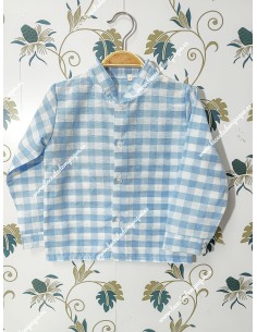 Camisa Vichy celeste Manga Larga Cuello Mao