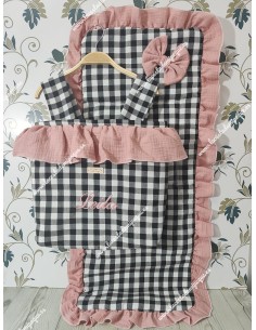 Bolso pocket volante cremallera y Funda Universal volante entero en tejido Vichy Negro cuadro mediano y bambula rosa 2