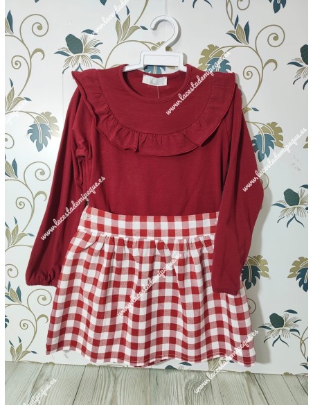 Conjunto Camiseta y Falda Vichy Burdeos Cuadros-m