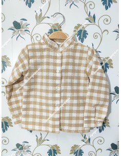Camisa cuadros vichy beige  Manga Larga Cuello Mao