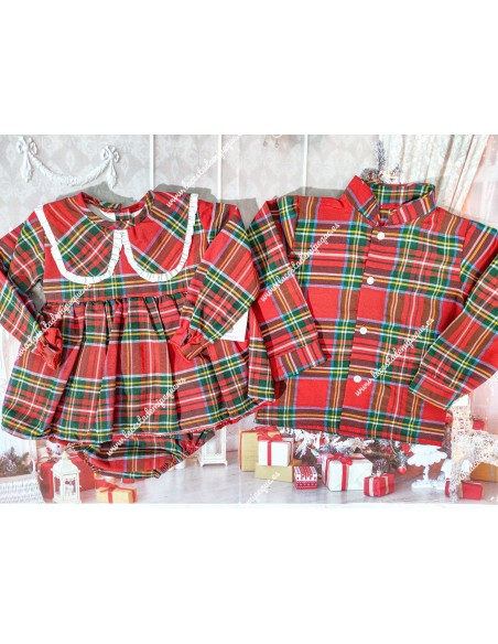 Camisa Cuadro Escocés Rojo Manga Larga Cuello Mao
