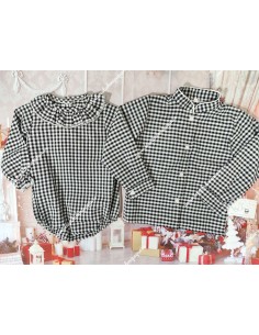 Camisa cuadros vichy negro  Manga Larga Cuello Mao 2