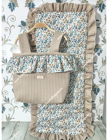 Bolso pocket volante Cremallera y Funda Universal volante entero Waffle camel y flores otoñales celeste