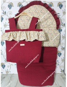 Pack Bolso y Saco Universal Waffle Burdeos Combi Flores Burdeos
