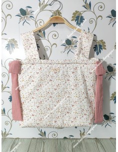 Bolso Pocket Cremallera Flores y hojas rosa con lazos laterales en bambula rosa empolvado