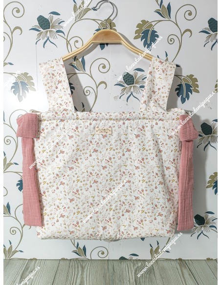 Bolso Pocket Cremallera Flores y hojas rosa con lazos laterales en bambula rosa empolvado