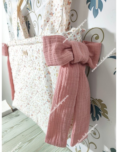 Bolso Pocket Cremallera Flores y hojas rosa con lazos laterales en bambula rosa empolvado
