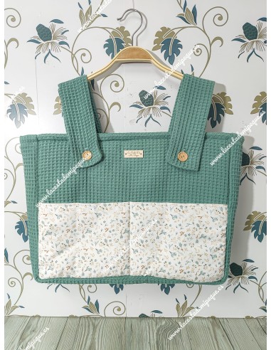 Bolso Pocket Cremallera Waffle Verde Jade Bolsillos Flores Camel