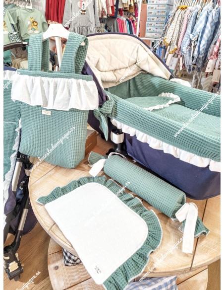 Saco Capazo Desmontable Waffle Verde Jade y Plumeti Blanco