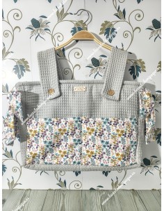 Bolso Pocket Cremallera Waffle gris bolsillos y lazos  Flores Otoñales Rosa