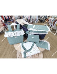 Pack Bolso, Cubrecapazo, Colcha, Colchoneta Capazo, Salvababas, Neceser y Arrullo Waffle Verde Jade y Elefantes Gris
