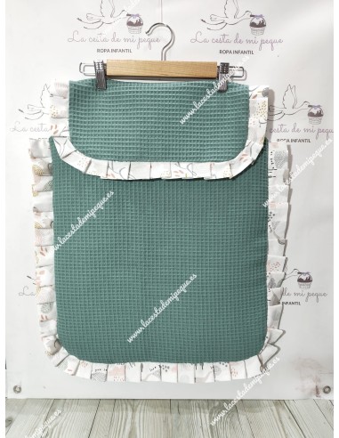 Pack Bolso, Cubrecapazo, Colcha, Colchoneta Capazo, Salvababas, Neceser y Arrullo Waffle Verde Jade y Elefantes Gris