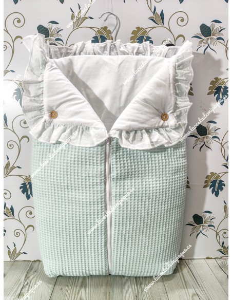 Pack Bolso, Neceser, Salvababas, Cojín, Saco y Cubrecapazo Waffle Verde Agua y Plumeti Blanco