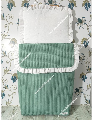 Saco Capazo Desmontable Waffle Verde Jade y Plumeti Blanco