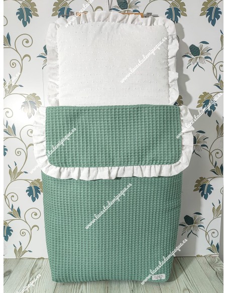 Saco Capazo Desmontable Waffle Verde Jade y Plumeti Blanco
