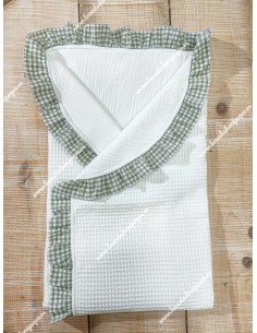 Arrullo Bebé Waffle Blanco, Volante Vichy Verde Oliva-P e Interior Bambula Blanca