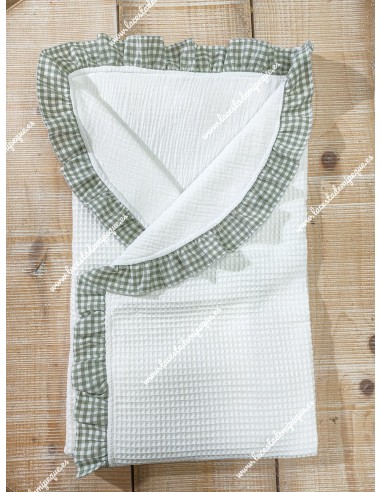 Arrullo Bebé Waffle Blanco, Volante Vichy Verde Oliva-P e Interior Bambula Blanca
