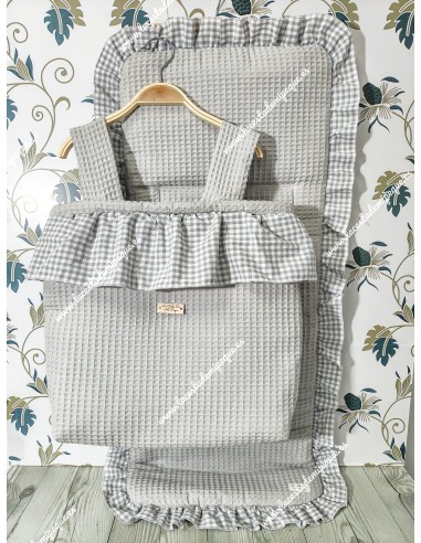 Bolso panera Cremallera y Funda Universal Waffle Gris combinado en Volante con Vichy Gris Cuadros-P
