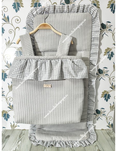 Bolso panera Cremallera y Funda Universal Waffle Gris combinado en Volante con Vichy Gris Cuadros-P
