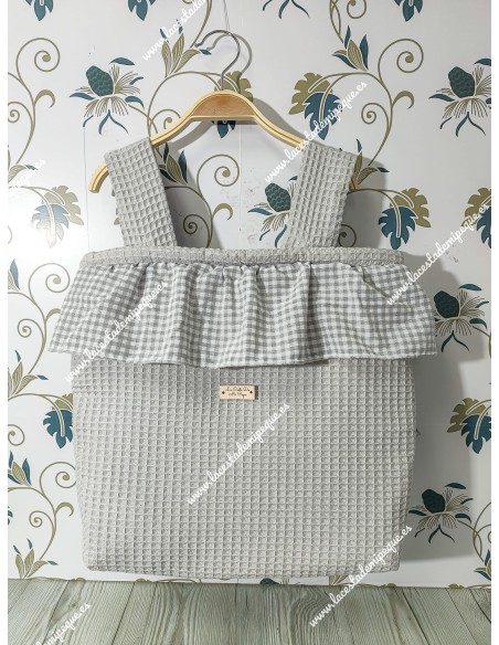 Bolso panera Cremallera y Funda Universal Waffle Gris combinado en Volante con Vichy Gris Cuadros-P