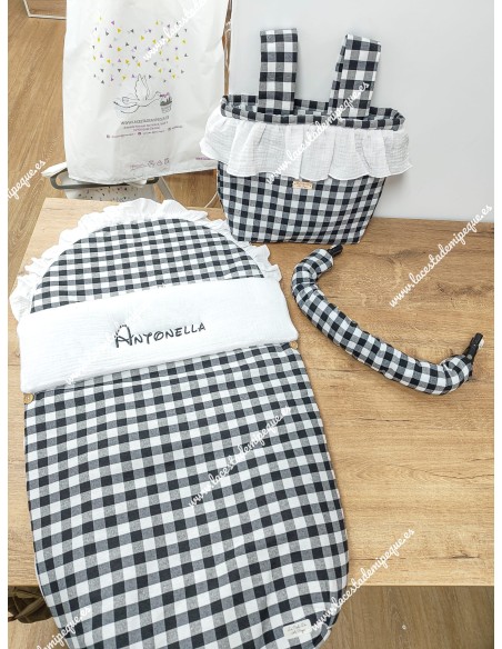 Pack Bolso y Saco Universal Vichy Negro Cuadros-M Combi Bambula Blanca