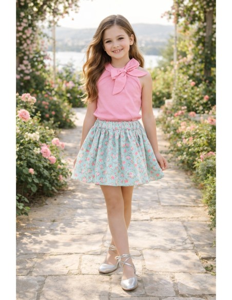 Conjunto Blusa Rosa y Falda Floral Verde Agua Alma
