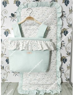 Bolso pocket cremallera waffle verde agua con volante flores y funda universal flores con volante alrededor Waffle verde agua