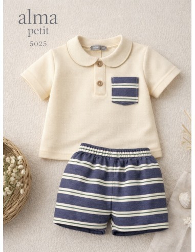 Conjunto Bermuda y Polo Rayas Beige-Marino Alma