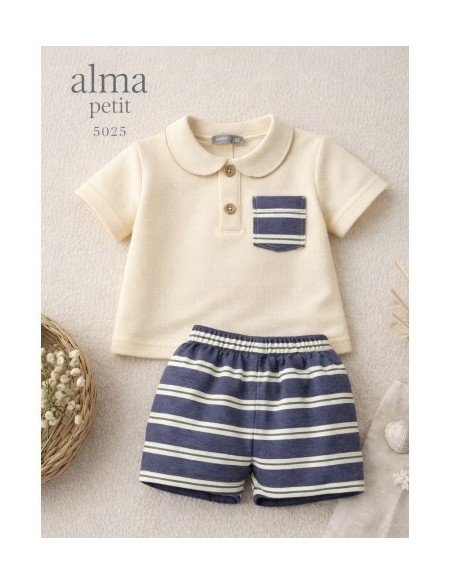 Conjunto Bermuda y Polo Rayas Beige-Marino Alma