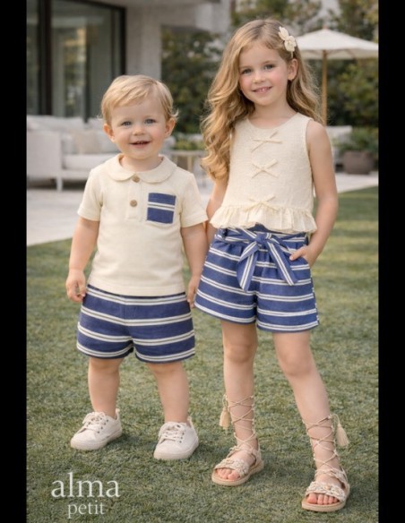 Conjunto Bermuda y Polo Rayas Beige-Marino Alma