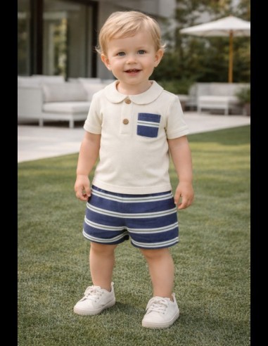 Conjunto Bermuda y Polo Rayas Beige-Marino Alma