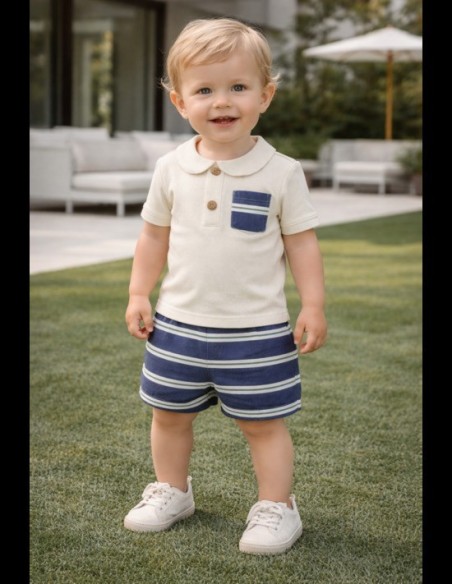 Conjunto Bermuda y Polo Rayas Beige-Marino Alma