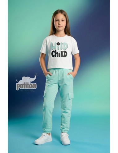 Conjunto Camiseta y Pantalón Cargo Blanco-Verde Agua Wild Child
