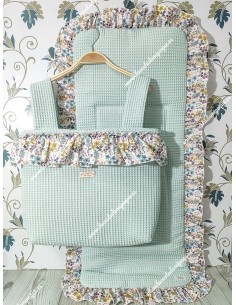 Bolso pocket volante Cremallera y Funda Universal volante entero Waffle verde agua y flores otoñales rosa