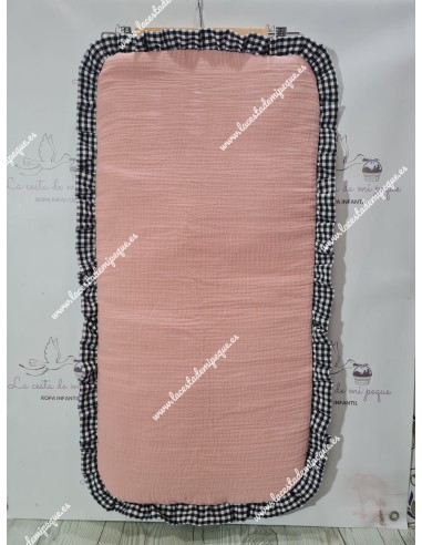 Pack Bolso, Colchoneta, Cojín Antivuelco, Cubrecapazo y Colcha Vichy Negro Cuadros-P Combi Bambula Rosa Emp