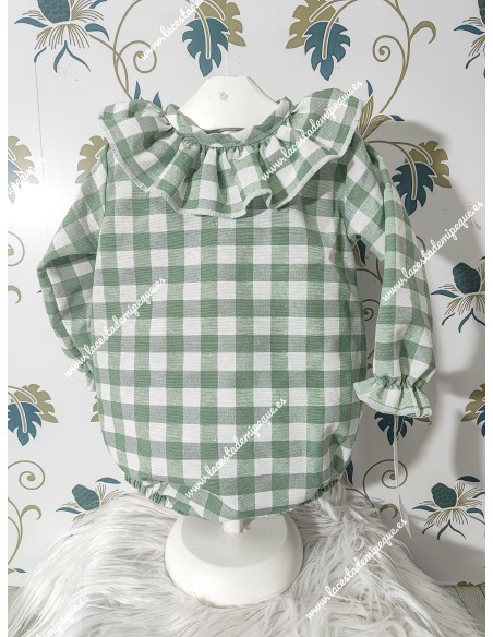 Pelele cuello volante y manga larga en tejido vichy verde oliva cuadro mediano