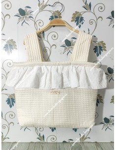 Bolso Pocket Cremallera con tejido de Waffle beige y Volante con tejido de plumeti blanco