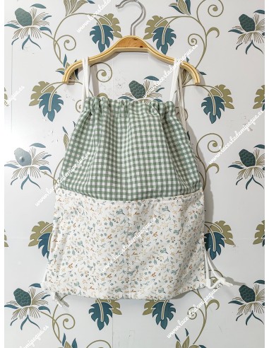 Mochila Tipo Talega Vichy Verde Oliva Cuadros-P Bolsillos Flores Camel