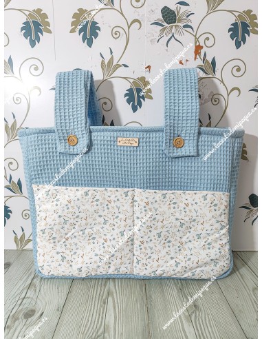 Bolso Pocket Cremallera Waffle celeste Bolsillos Flores Camel